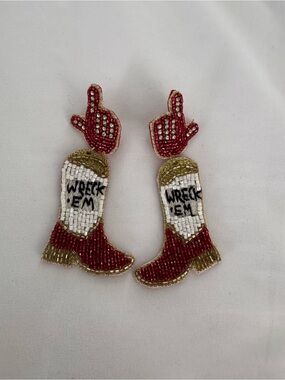 Texas Tech Beaded 'Wreck 'Em' Cowboy Boot and Finger Earrings - Red, White, Gold